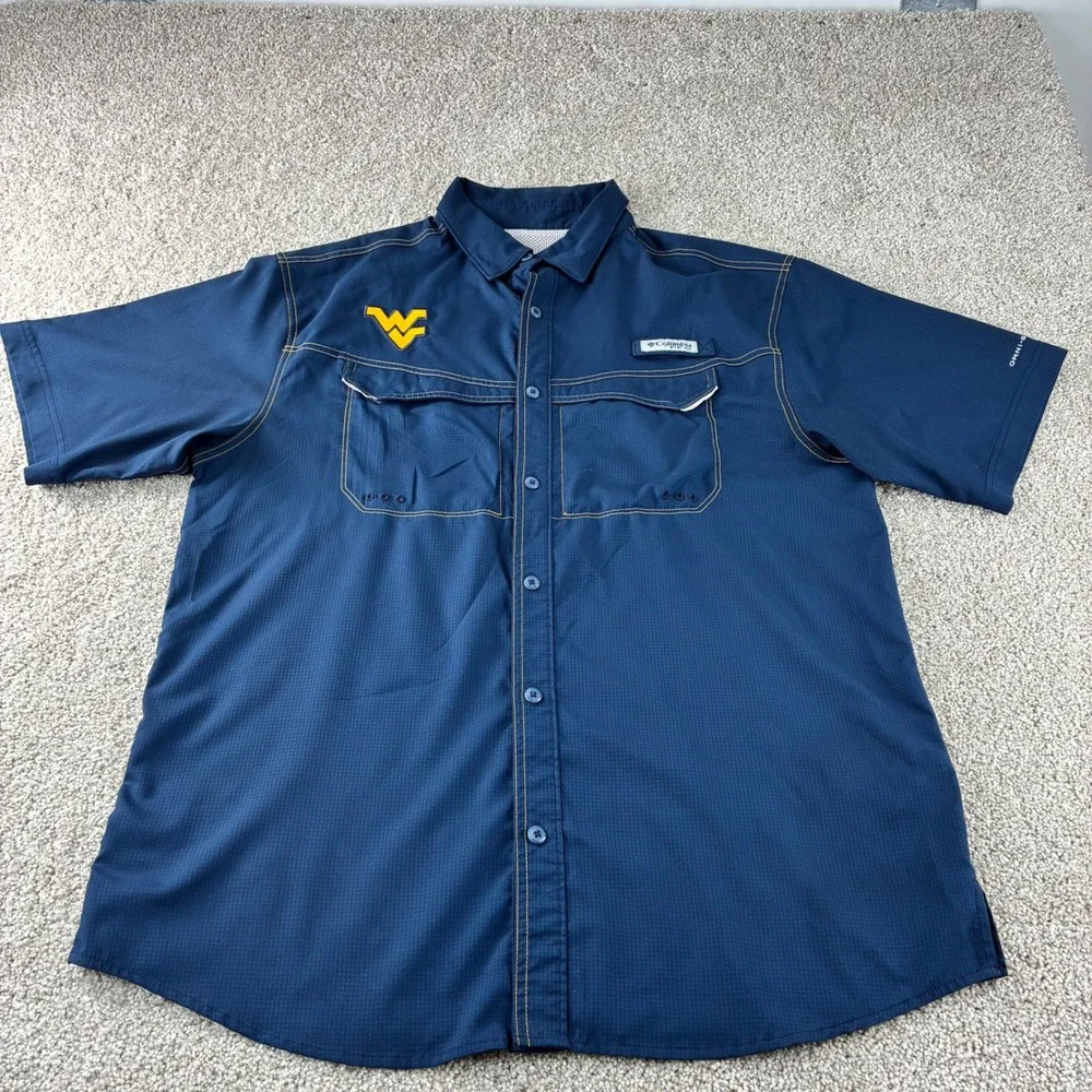 Columbia‎ PFG WVU Blue Mountaineers Button Up Fishing Shirt Mens Short Sleeve